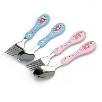 

2Pcs/set stainless steel spoon fork for lunch boc flatware cute bear print feeding fork spoon cutlery set for kids