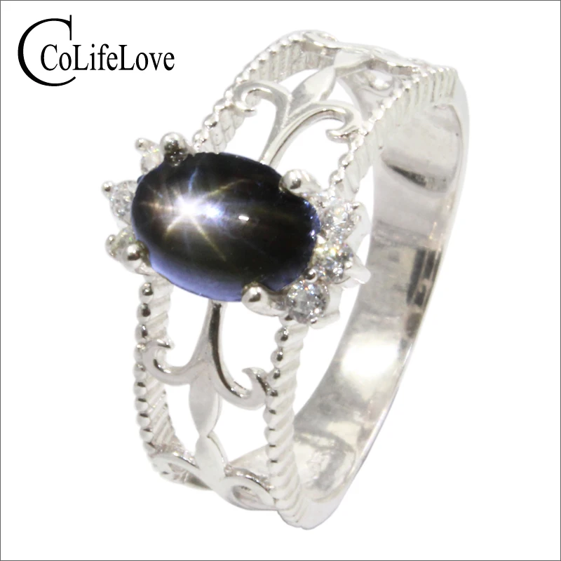 

100% natural star light sapphire ring 2 ct 6 mm * 8 nn high quality star light sapphire silver ring 925 silver sapphire jewelry