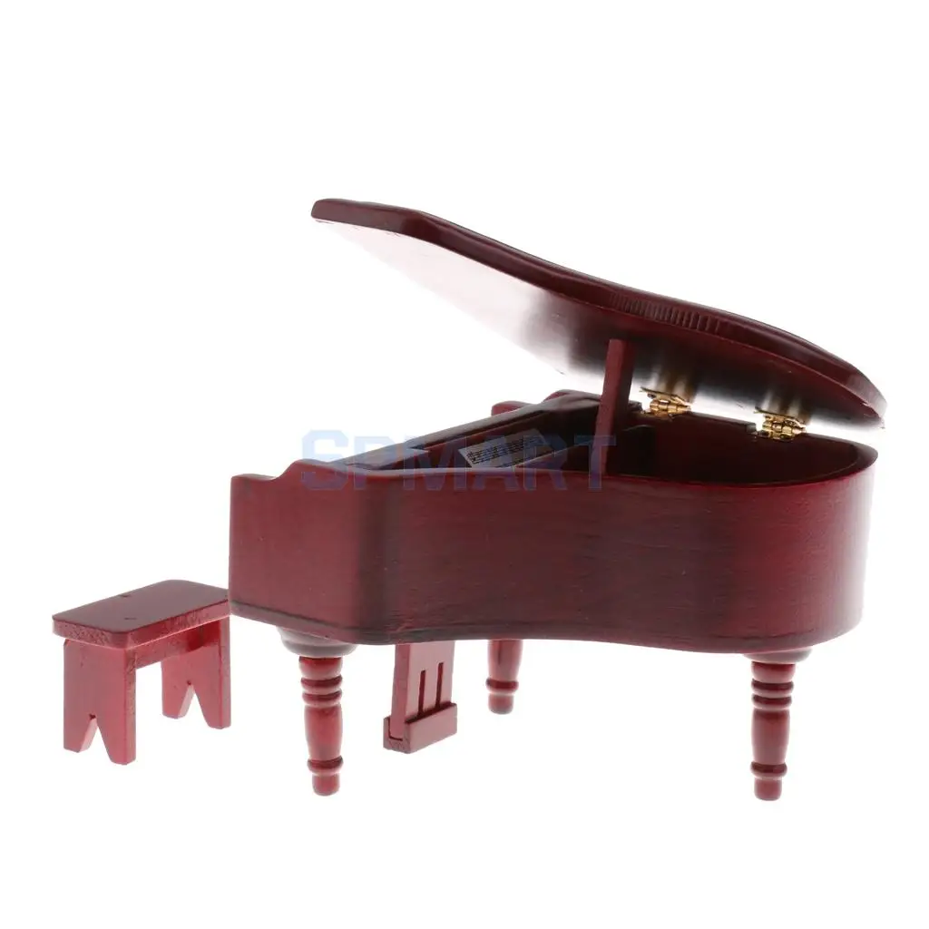 1/12 Scale Dollhouse Miniature Wooden Piano with Stool Set for 12th Dolls House Decoration Accessories