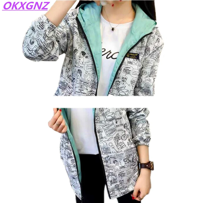 2018 Spring Autumn Women Basic Jacket Pocket Zipper Hooded Two Side Wear Cartoon Print Outwear Loose Coat Windbreaker Female 101 2018 Spring Autumn Women Basic Jacket Pocket Zipper Hooded Two Side Wear Cartoon Print Outwear Loose Coat Windbreaker Female 101