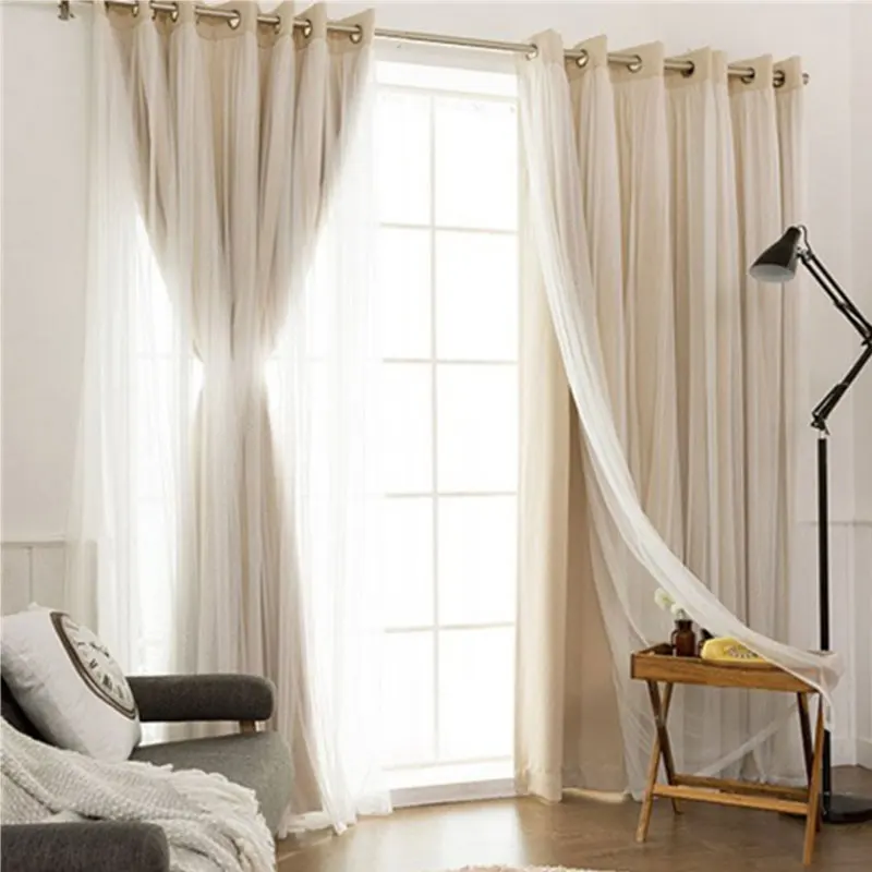 

Korean Polyester Solid Cloth Blackout Curtains Tulle Curtains Double Curtain Princess Bedroom Curtain for Living Room