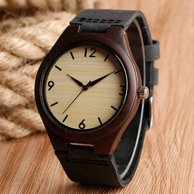 Nature Ebony Wristwatch Luxury Men Watch Black Genuine Leather Band