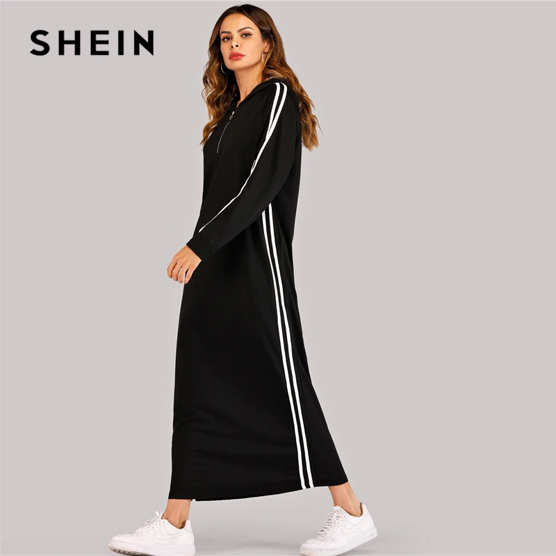 SHEIN черная полосатая лента на молнии Толстовка платье для женщин осень длинный рукав досуг повседневные Прямые длинные платья