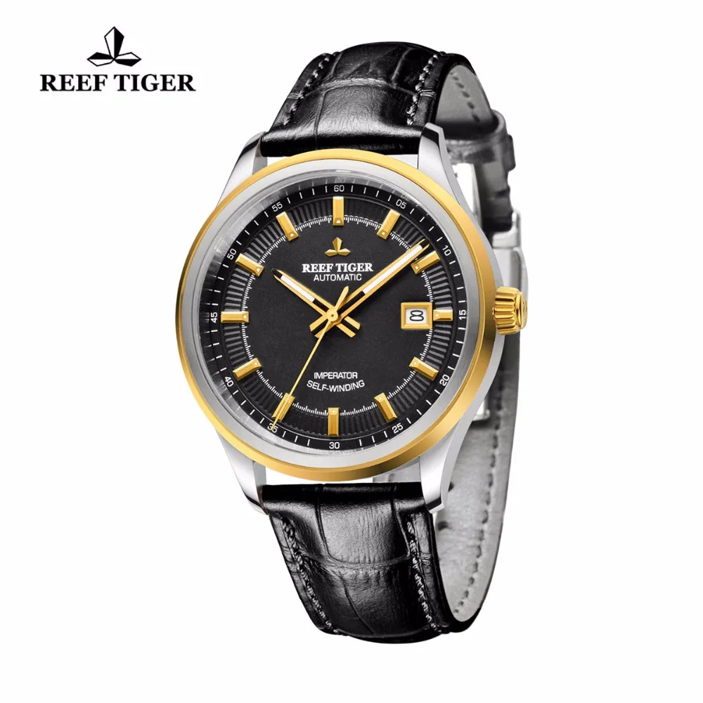 Reef Tiger/RT часы в деловом стиле для мужчин стальные желтые золотые часы Miyota 9015 супер светящиеся часы с датой RGA8015
