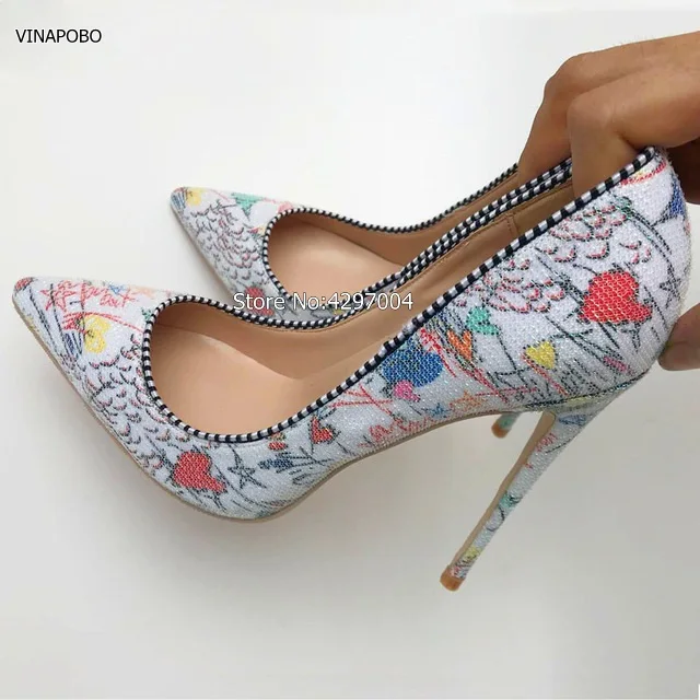 

White Graffiti Multicolor Women Pumps Pointed toe Sexy Women High Heels Spring Wedding Party Women Shoes Stilettos 12cm 10cm 8cm