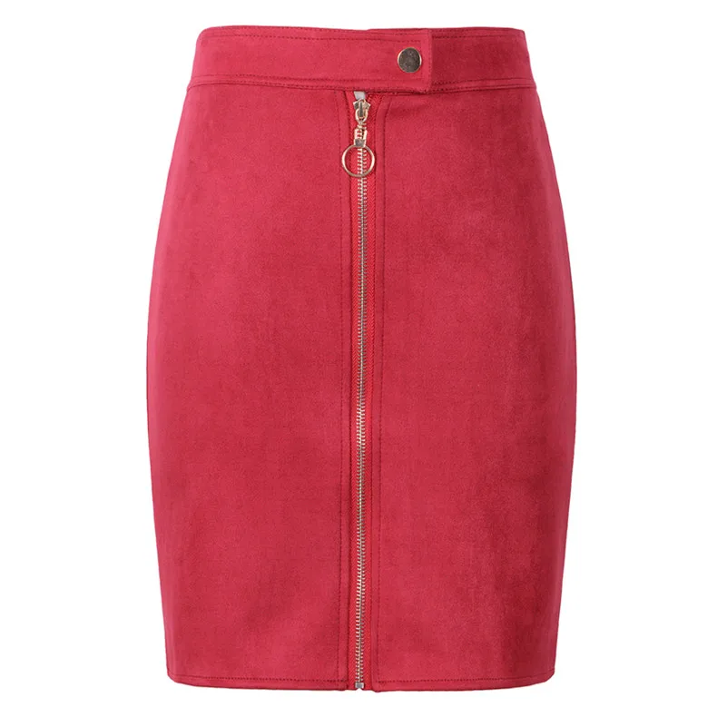 Зимняя офисная Сексуальная Женская замшевая мини-юбка-карандаш на молнии с высокой талией, Женская облегающая черная короткая юбка-труба, Jupe Femme S1912 - Цвет: Красный