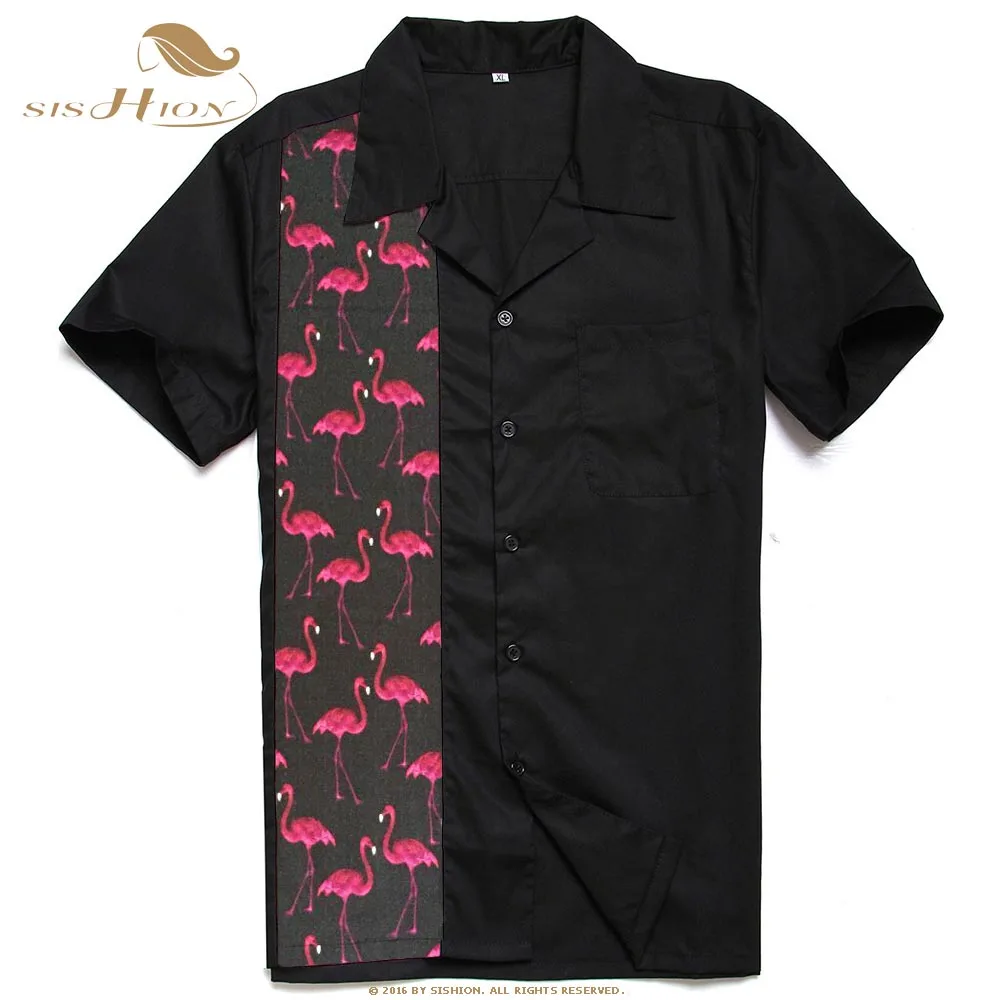 SISHION 50-х годов вдохновил кнопка вверх Боулинг Для мужчин рубашка ST110 красный Фламинго Изделие из хлопка с короткими рукавами черный Винтаж
