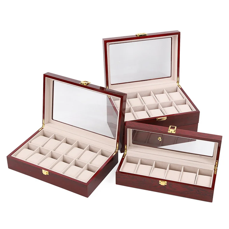 

New Wood Watch Display Boxes Case Light Red Wooden Watches Organizer Holder With Window Storage Jewelry Gift Boxes