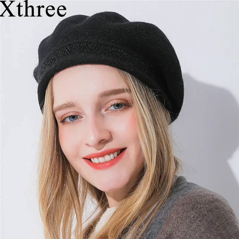 Женский кашемировый берет Xthree Зимний вязаный с яркой шелковой нитью из