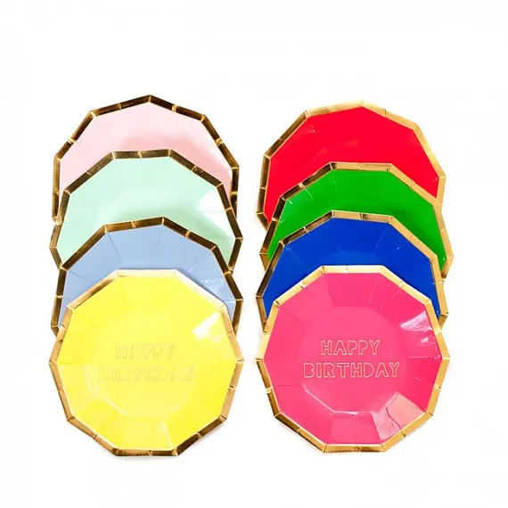 Meri Meri Happy Birthday Large Paper Plates (8), Birthday Party, Boutique Tableware, Hexagon Plates, Metallic Gold Party Supply