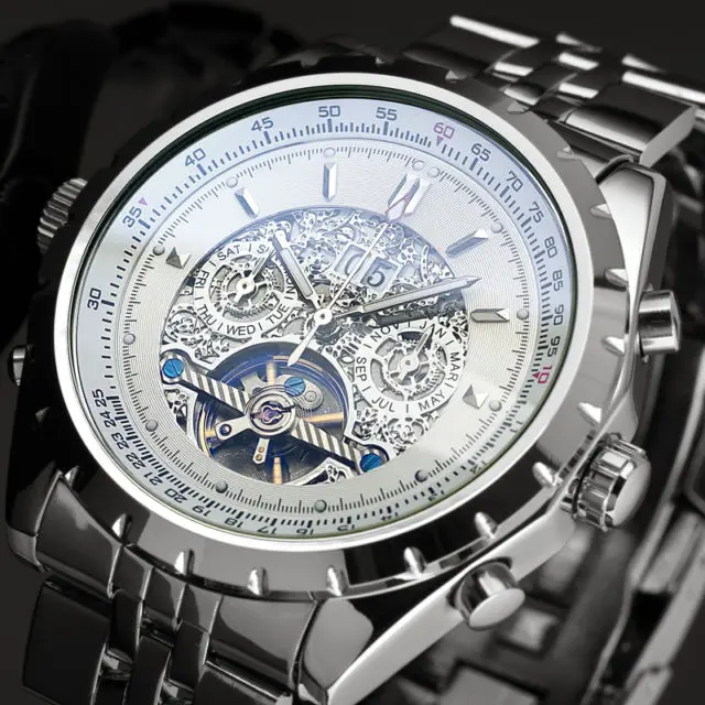 Jargar cadran noir 6 mains Date jour tourbillon inoxydable analogique acier pleine robe de poignet de