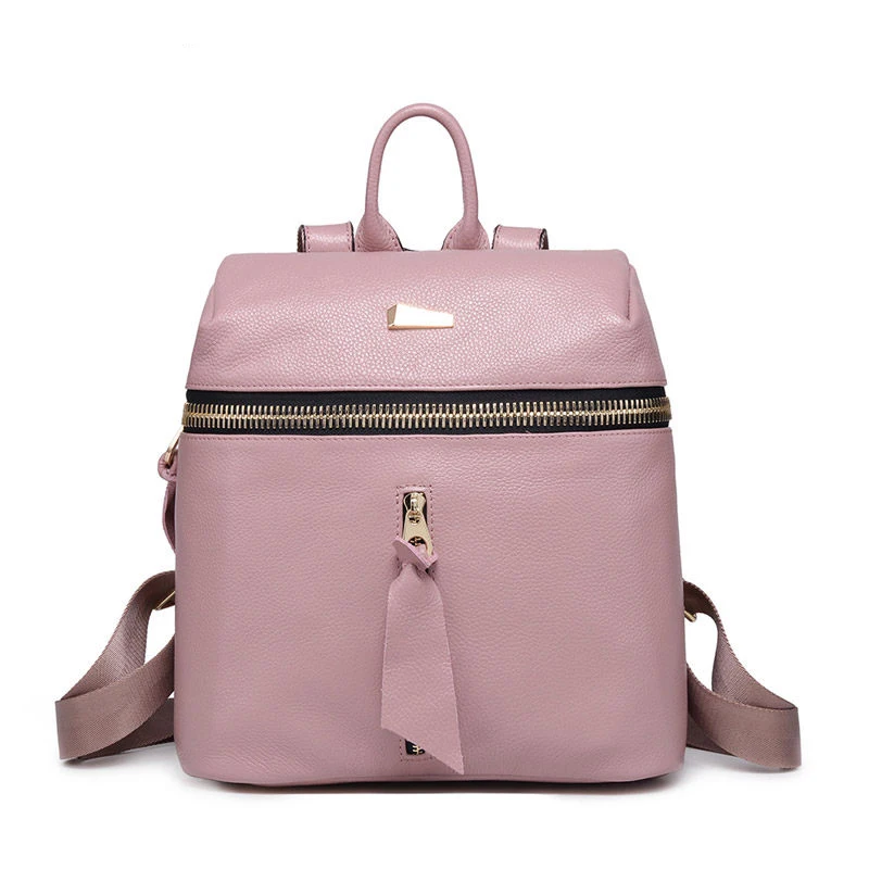 Cow Leather Zipper Backpack Women Preppy Style Fashion Casual Daypack Chic Flap Genuine Leather Plain Packsack Ladies Back Bag