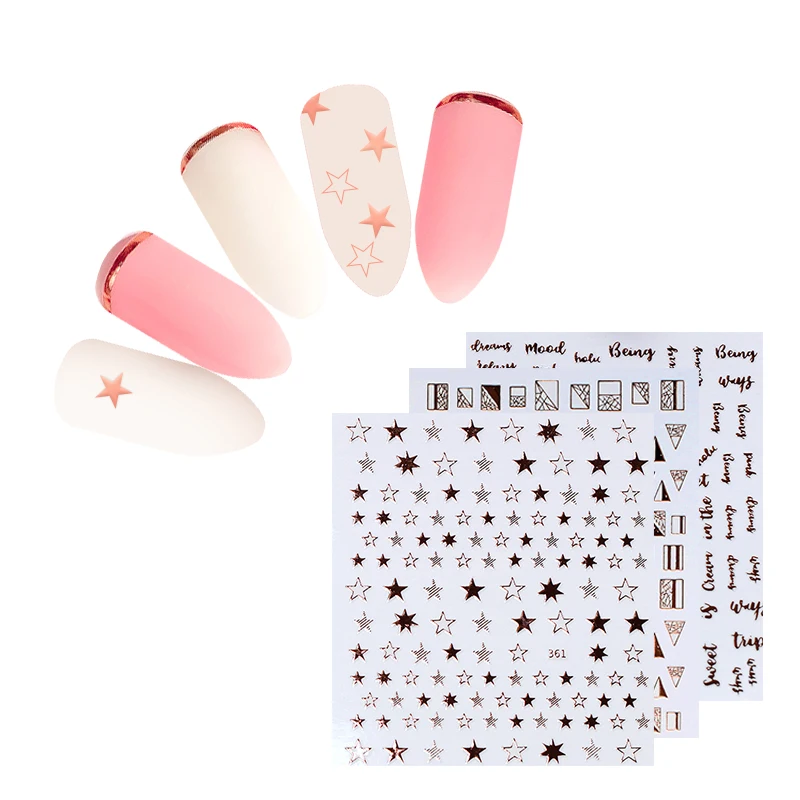 Rose Gold 3D Nail Sticker Star Alphabet Geometry Feather DIY  Tips Nail Art Transfer Stickers Decoration 1 Sheet 02 (2)