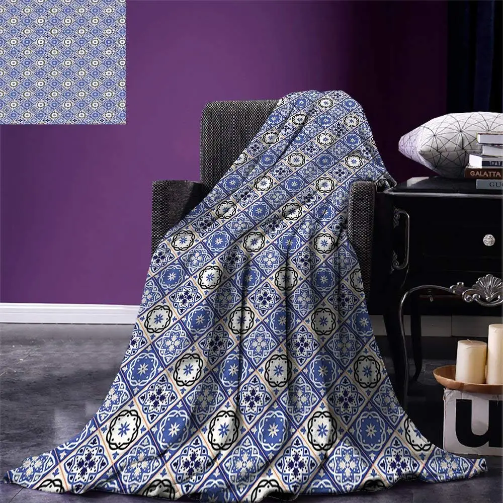 

Moroccan Throw Blanket Geometric Tile Squares with Middle Eastern Arabesque Azulejo Design Fleece Blanket for Bed