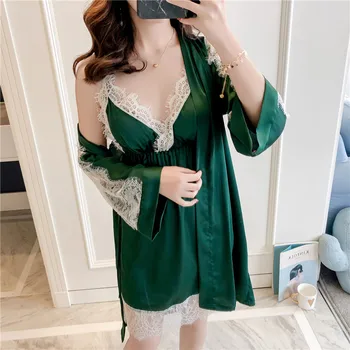 

Green Satin Lady Twinset Robe Set Summer Kimono Bathrobe Sexy Lace Trim 2PCS Sleepwear Long Sleeve Dressing Gown Nightwear