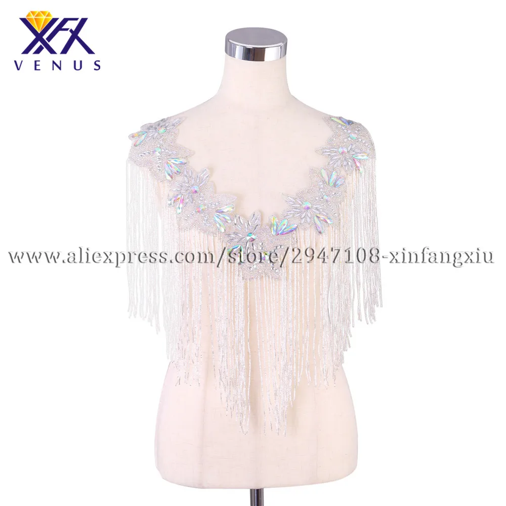 

XFX VENUS Hot sale wedding embroidered multicolour rhinestone tassels style V-neck patches for clothing beaded applique 1pc