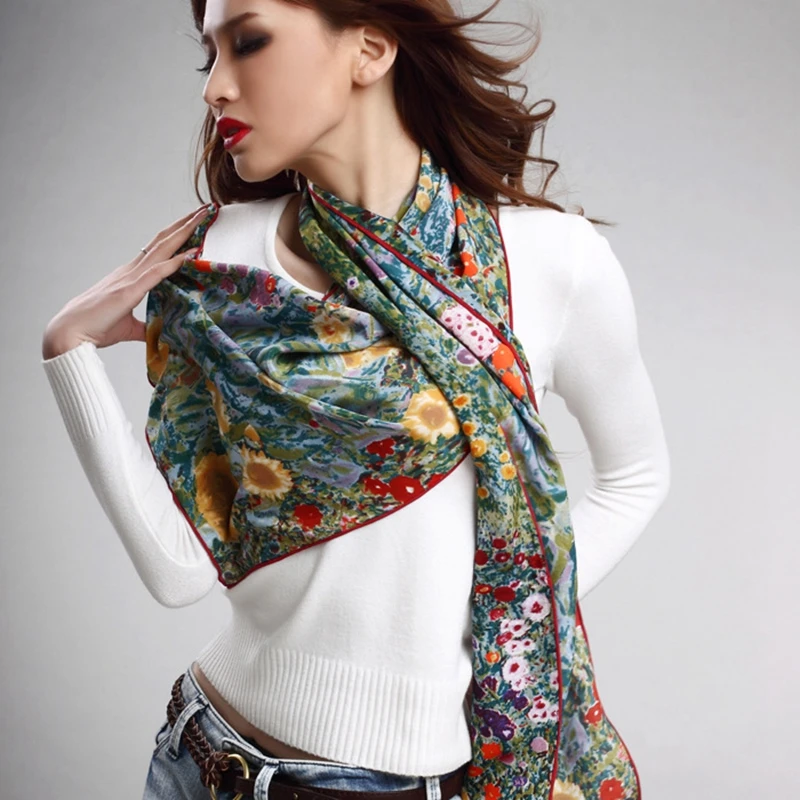 Long 100 Silk Scarf Ladies Oil Painting Garden Of - 
