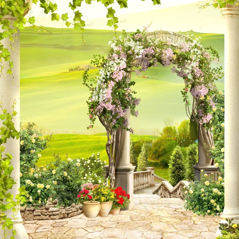 

Laeacco Spring Park Blooming Flowers Arch Door Scenic Photography Background Customized Photographic Backdrop For Photo Studio