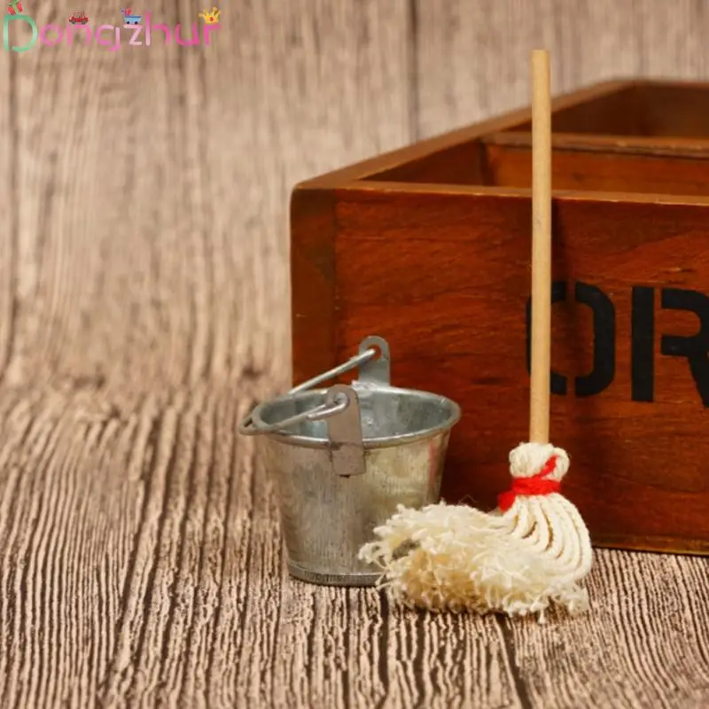 

1:12 Dollhouse Miniature Accessories Mop Bucket Simulation Kitchen Garden Furniture Toys For Doll House Miniature Bucket Mop