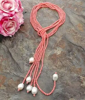 

Popular 3row 4mm Pink Coral White Keshi Pearl Necklace 40"