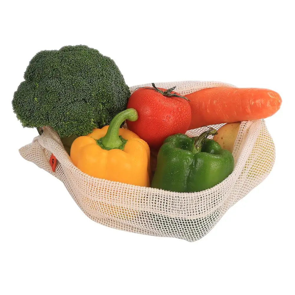 Reusable Cotton Vegetable Mesh Bags For Grocery Storage Fruit Vegetable Toys Storage Bags With Drawstring Machine Washable