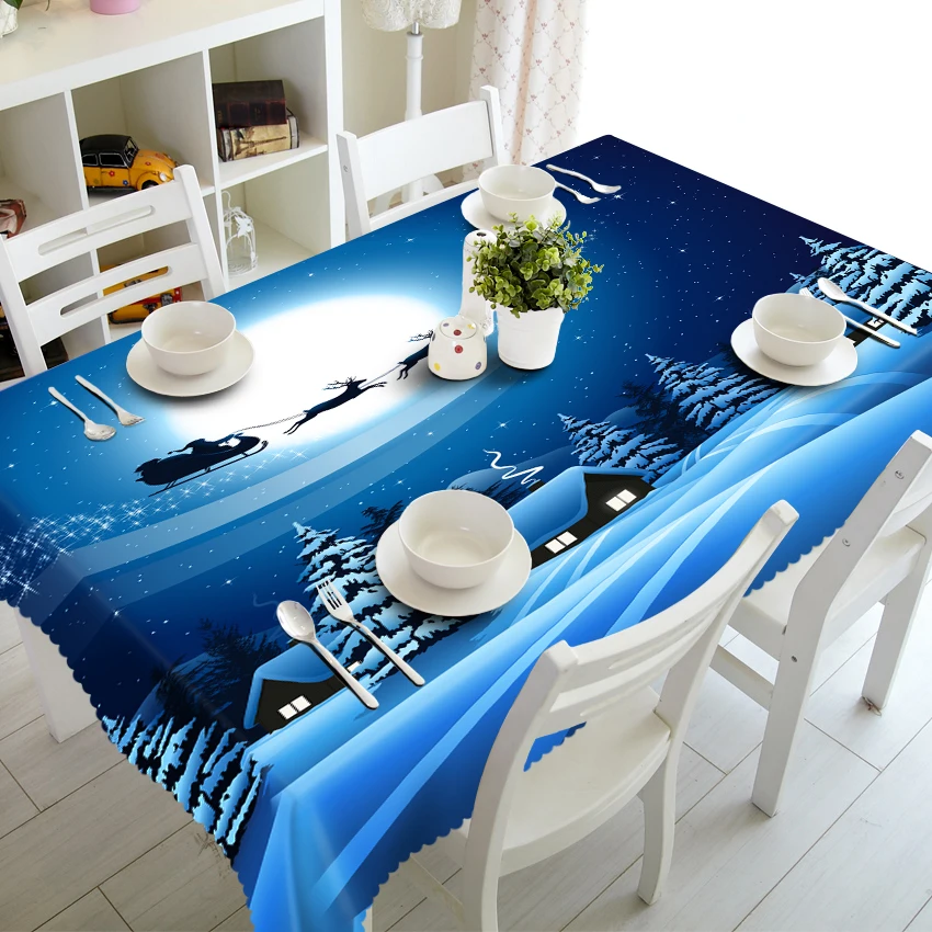 

Customize 3d Round Tablecloth Blue Christmas Tree Pattern Thicken Polyester Cotton Waterproof Rectangular New Year Table Cloth