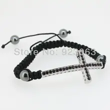 10pcs Fashion Dark Purple Crystal White Gold Color Curved Sideways Cross Connector Bead Adjustable Black Macrame Rope Bracelet