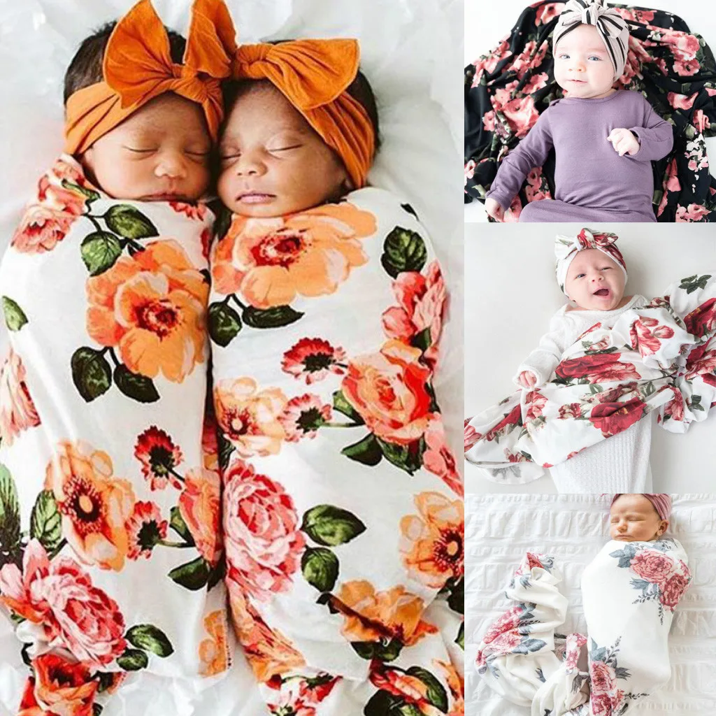 

Baby Wrap New Born Photography Newborn Infant Baby Floral Swaddle Turban Hat Soft Sleeping Blanket Wrap Set arrullo de bebe