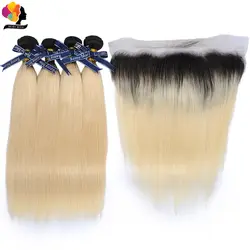 Remyblue Ombre 1B 613 комплект s с синтетическое закрытие волос фронтальной 13*4 мёд блондинка бразильский прямые волосы комплект с синтетическое