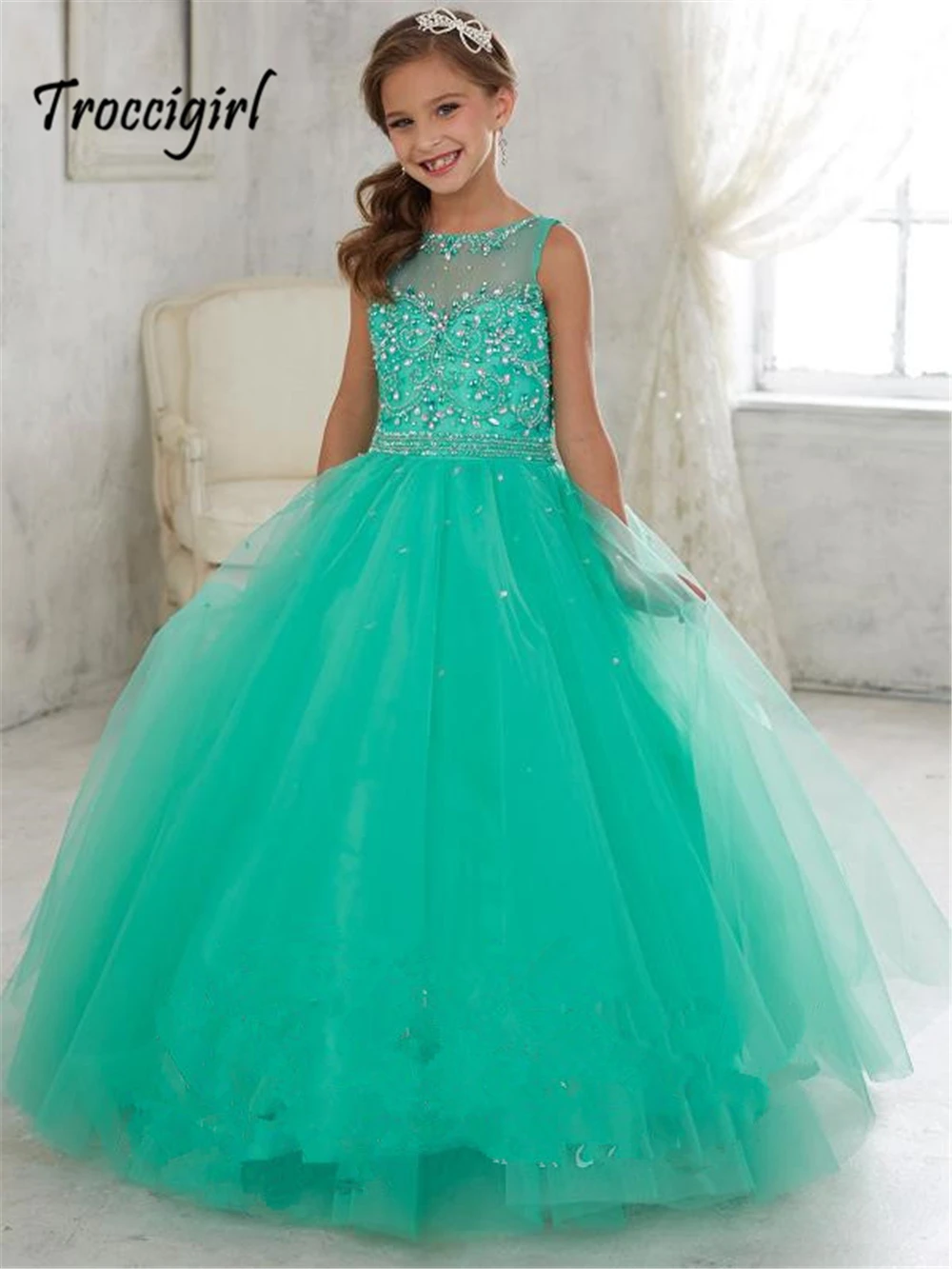 

In stock scoop neck girl pageant dress mint kids beaded ball gown Flower Girl Dresses 2-14