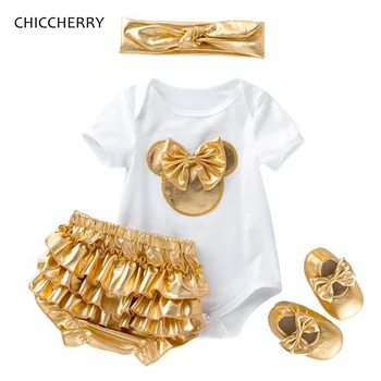 

Golden Minnie Baby Girl Clothes Summer Bodysuit Bloomers Crib Shoes Headband Infant Clothing Roupa Infantil Menina Conjunto Bebe