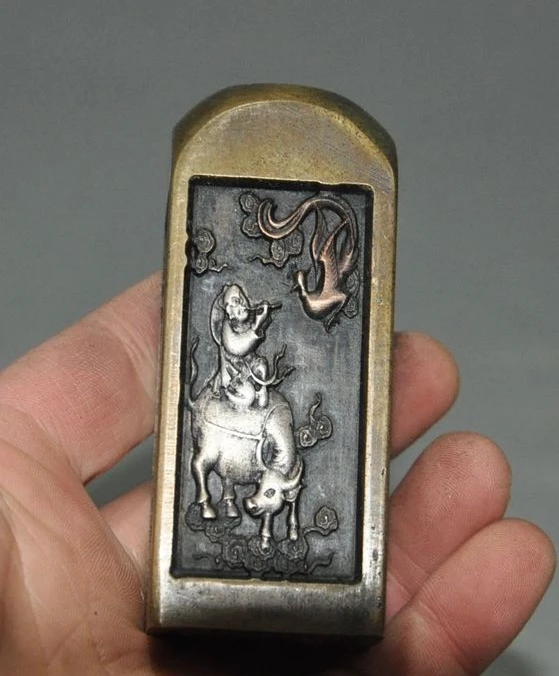 

China Chinese pure bronze Boy Lad Ride Oxen Bull Bird Statue Seal Stamp signet