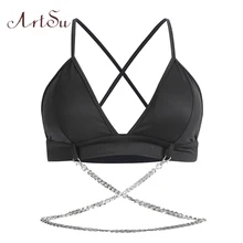 ArtSu черный топ с цепочкой на тонких бретельках Женская майка уличная без спинки Bralettle укороченный топ летний сексуальный топ на бретельках ASVE20559