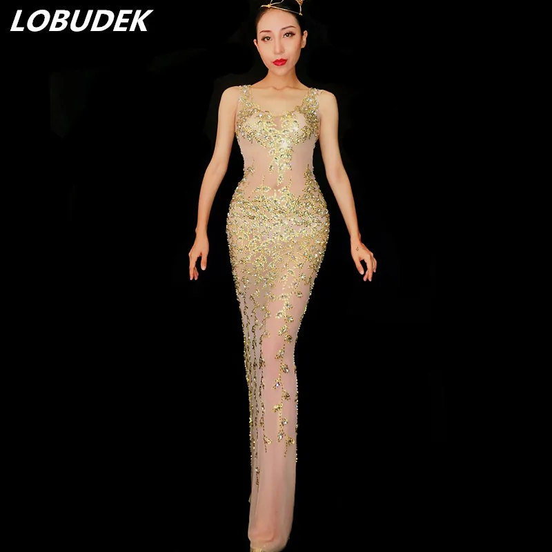 

Gold Rhinestones Sexy Perspective Dress Prom Celebration Party Stage Outfit Bar Party Model Catwalk See-through Mesh Dress