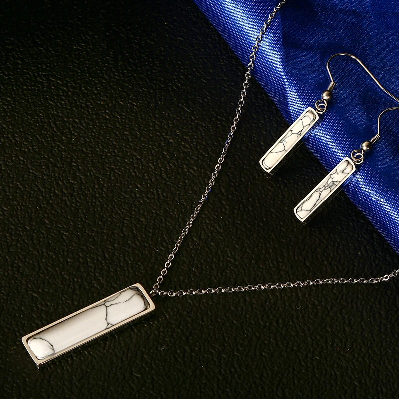 RIR модный квадратный комплект ювелирных изделий ожерелье кулон из нержавеющей стали геометрический белый мрамор искусственные каменные подвески, ожерелья для женщин