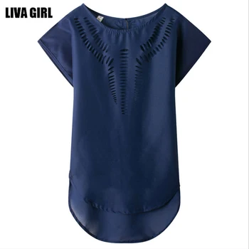 

2018 Summer Women Blouses Short Sleeve Female Loose Chiffon Blouse Blue Hollow Out Blouse Casual Ladies Tops Plus Size 2XL 50