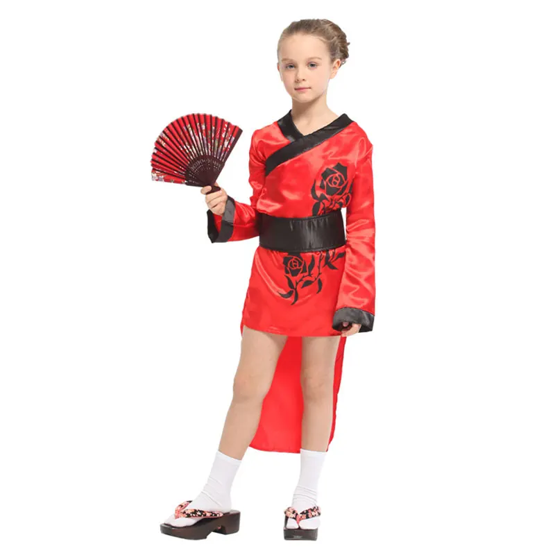 Традиционное японское кимоно халат ребенок гейша девушка костюм для костюмированной игры, для Хэллоуина карнавал Марди Гра праздничное нарядное платье Красный