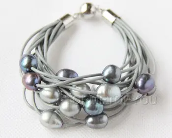 

Wholesale price Strands gray black pearls gray leather bracelet magnet