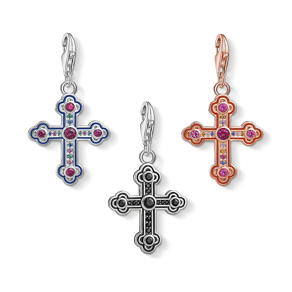 

Black/Blue/Rose Gold Cross Charms for Making Bracelet 925 Sterling Silver Red CZ DIY Handmade Craft Accessories Women Men