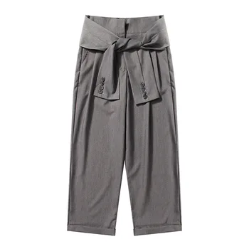 

Wide-legged trousers, women's new waist button design, nine-point trousers, feminine casual pants.