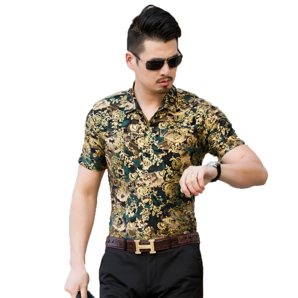 

Summer Men Red Blue Flower Shirts Slim Fit Tops Male Short Sleeve Chemise Homme Personality Gold Stamping Blouse Man Elegant Top