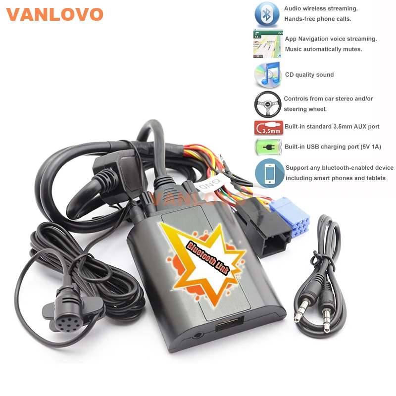 Bluetooth Link Car Kit W/ AUX-IN Interface & USB Charger for VW Radios Alpha 5 Beta 5 Gamma 5 Rhapsody New Beetle Gamma CD