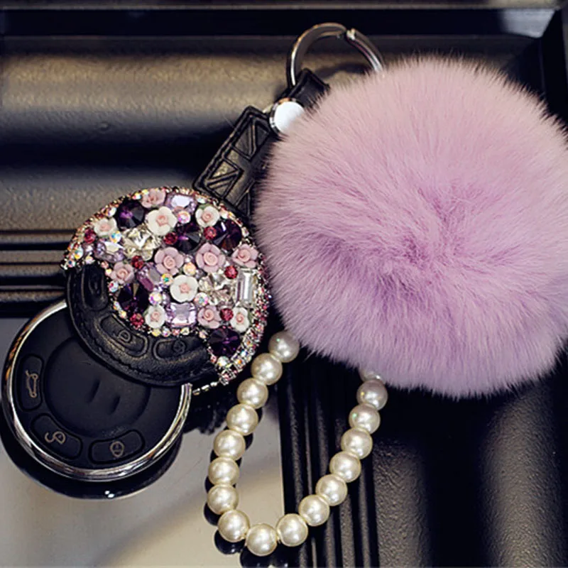 Роскошный Алмазный цветок автомобильный брелок для ключей крышка чехол защитный держатель для мини медный R55 R56 R57 R58 R60 R61 аксессуары женский подарок - Название цвета: Purple and Ball