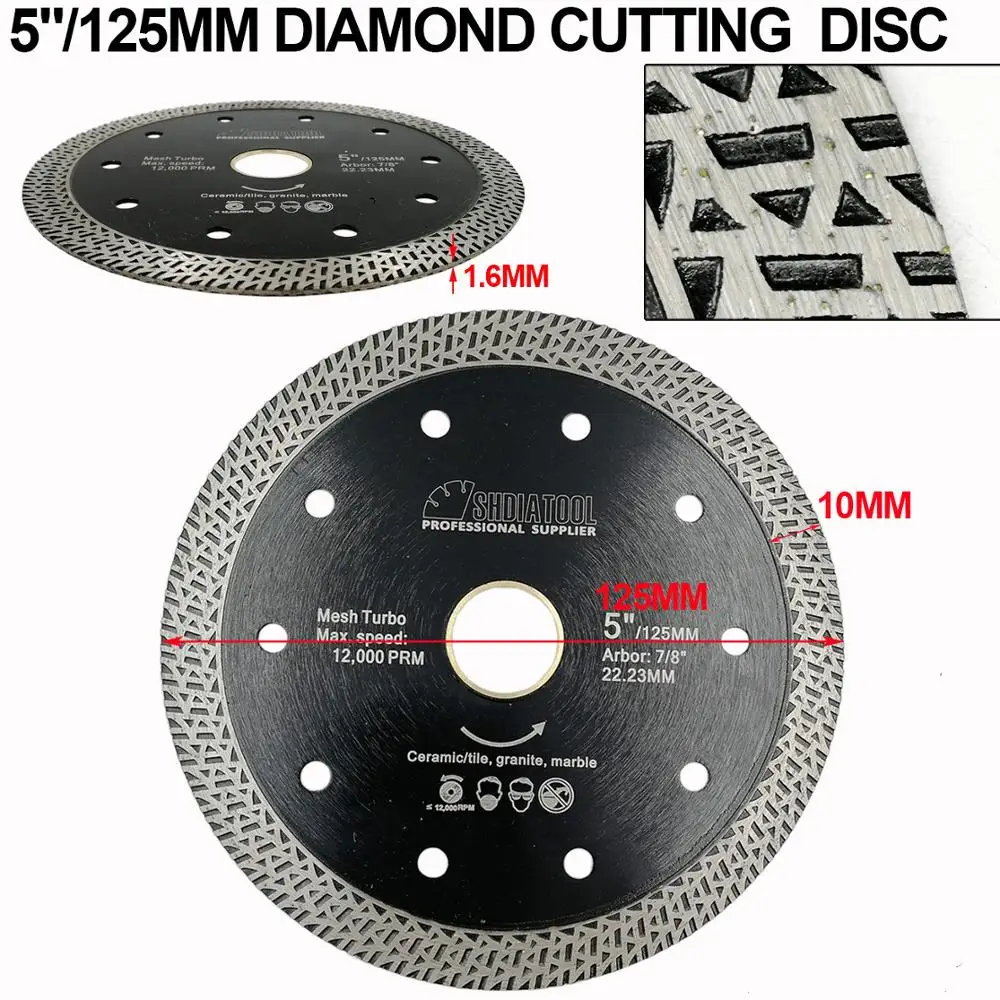 SHDIATOOL 2pks Diameter 5"/125mm Diamond Hot-pressed Sintered Diamond Cutting Disc Tile Mesh Turbo Rim Segment Ceramic Saw Blade