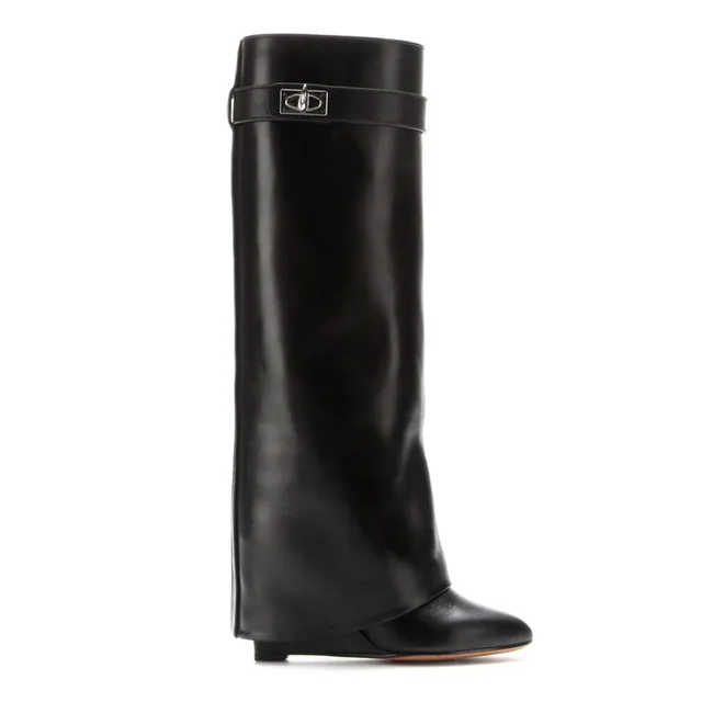 Shark Lock Women Wedge Boots Black Fold 