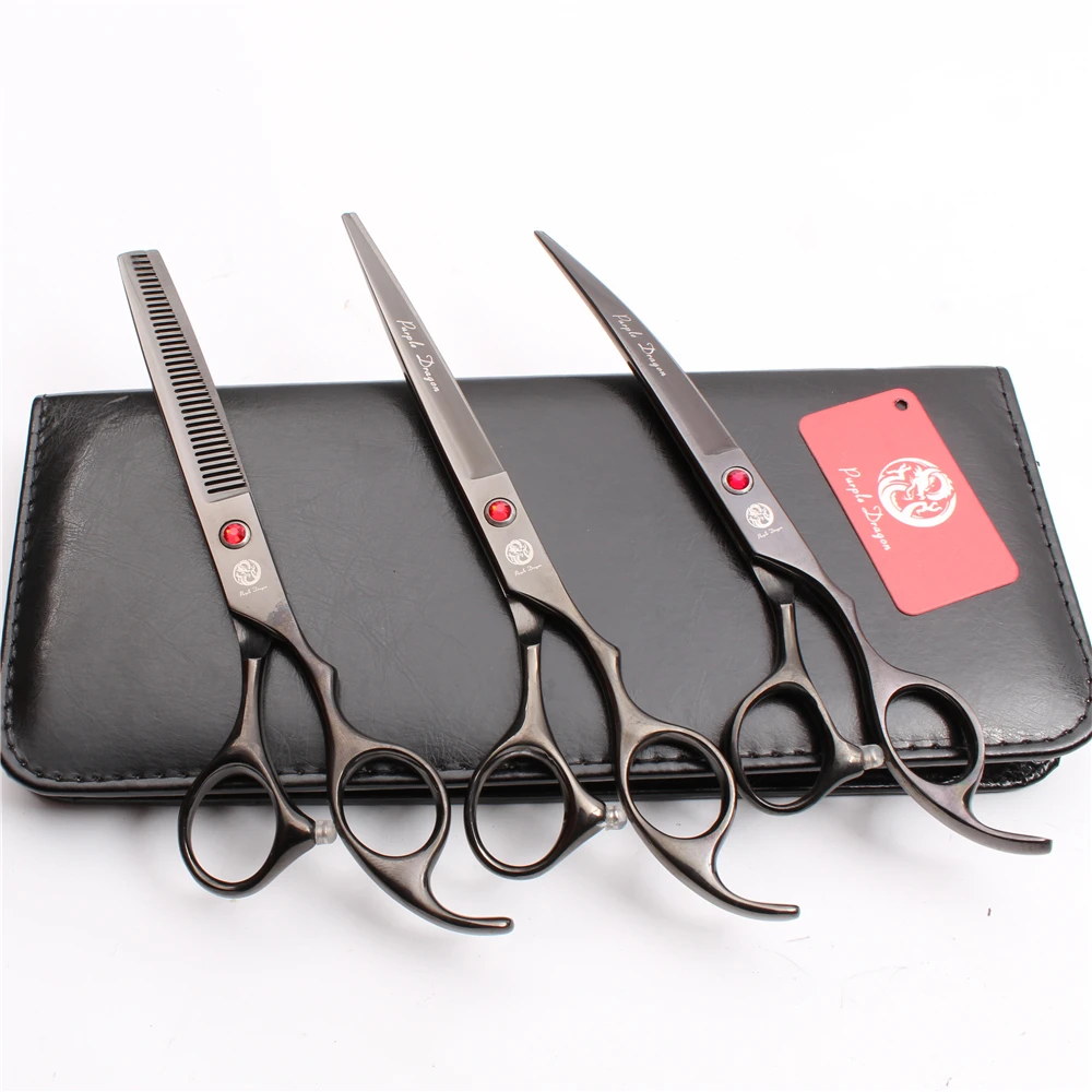 

Z3003 3Pcs Suit 7" 19.5cm Purple Dragon Japan 440C Cutting+Thinning Scissors+Down Curved Scissors Professional Pets Hair Shears