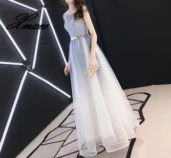 

Dress 2020 Fashion O-neck Shiny Sequined Gradient blue A-line Lace Up dress