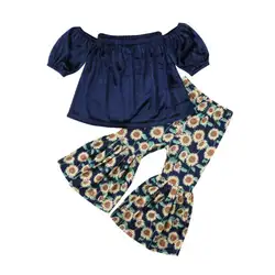 2018 новая одежда для малышей Одежда для девочек наряды Топы футболка + цветочные широкую ногу Повседневное брюки