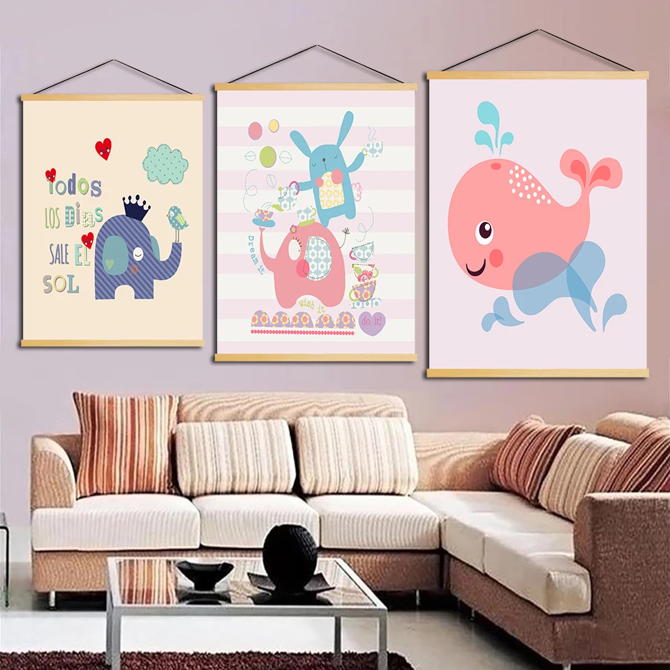 Home-Decoration-Canvas-Art-Print-Painting-Cartoon-Elephant-Color-Letter-Wall-Hanging-Poster-Nordic-Scroll-Hanging