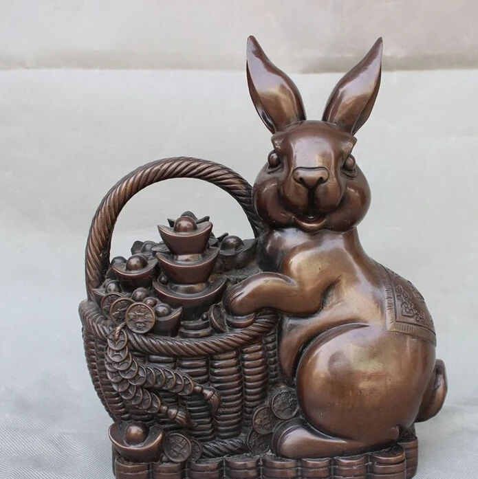 

11" Lucky Chinese Pure Bronze Animals Lovely Rabbit Carry Wealth Treasure Statue